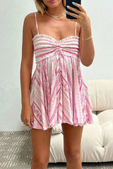 Tribal Print Ruffle Pleated Hem Ruched Vacation Slip Mini Dresses