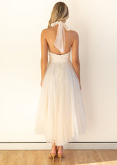 Tulle Halter Bow Backless Prom Maxi Dresses