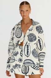 Floral Fruit Print Long Sleeve Shirt Casual Short Two Piece Set