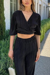 Haif Puffy Sleeve V Neck Tied Up Crop Top Straight Leg Pants Pleated Slim Matching Sets