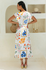 Floral Print V Neck Ruffled Sleeve A-Line Midi Dresses-White