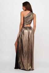 Sheen Metallic Finish One Shoulder Cut Out High Slit Formal Party Maxi Dresses