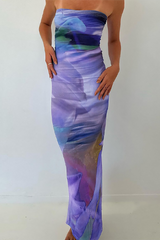 Pattern Print Boat Neck Slim Fit Maxi Tube Dresses-Purple