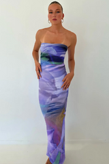 Pattern Print Boat Neck Slim Fit Maxi Tube Dresses-Purple