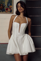 Lace Trim Halter Neck Lace Up A-Line Sleeveless Jacquard Mini Dresses-White