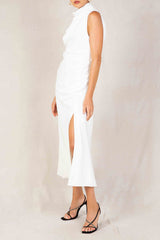 High Neck Sleeveless Backless Slit Prom Midi Dresses