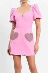 Irregular Neck Puff Sleeve Sequin Heart Pattern Slim Fit Mini Dresses-Pink