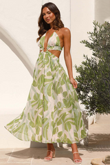 Floral Print Cutout Deep V Neck Backless Tie Up Flowy Vacation Maxi Dresses-Green