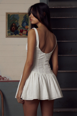 Button Up Cinch Waist Pleated Hem Backless Solid Color Mini Tank Dresses-White