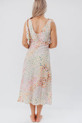 Floral Print V Neck Tied Up Sleeveless Midi Dresses-Beige Pre Order