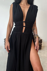 Braided Cinch Waist High Slit Sleeveless Maxi Dresses-Beige