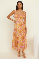 Floral Print Boat Neckline Tie Up Wide Strap A-Line Midi Dresses-Orange