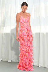 Ruffled Floral Print V Neck Backless Maxi Strappy Dresses-Pink Pre Order