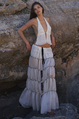 Deep V Neck Backless Vest Tiered Maxi Skirt 2pcs Set-White