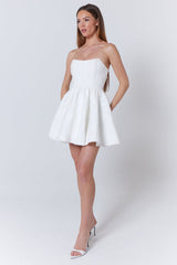 Strapless Floral Jacquard Party A-Line Mini Dresses-White