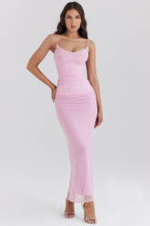 Lace Patchwork Corset Bodycon Maxi Slip Dresses-Pink