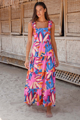 Wide Straps Square Neck Floral Print A-Line Flowy Maxi Dresses-Pink