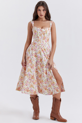 Floral Print Wide Strap Corset A-Line Slit Midi Dresses-White