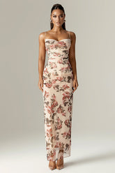 Floral Print Corset Wedding Guest Party Maxi Slip Dresses-Beige Pre Order