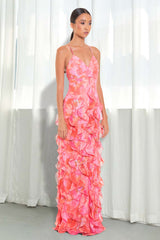 Ruffled Floral Print V Neck Backless Maxi Strappy Dresses-Pink Pre Order
