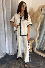 Colorblock Wavy Trim Half Sleeve Blouse Wide Leg Pants Matching Set-Beige