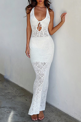Knit Sleeveless U Neck Tie Up Slim Fit Hollow Out Backless Maxi Dresses-White