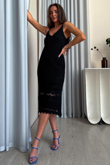 Knit Hollow Out Pattern Deep V Neck Midi Slip Dresses-White