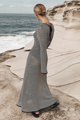 Knit Striped Pattern Long Sleeve Slim Fit Vacation Maxi Dresses-Black