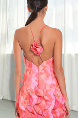 Ruffled Floral Print V Neck Backless Maxi Strappy Dresses-Pink Pre Order