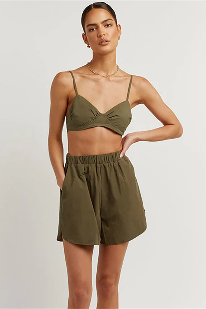 Long Sleeve Blouses Cami Crop Top 3pcs Shorts Set