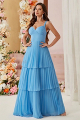 Deep V Neck Cinch Waist Pleated Layered Hem Gowns Maxi Slip Dresses-Blue