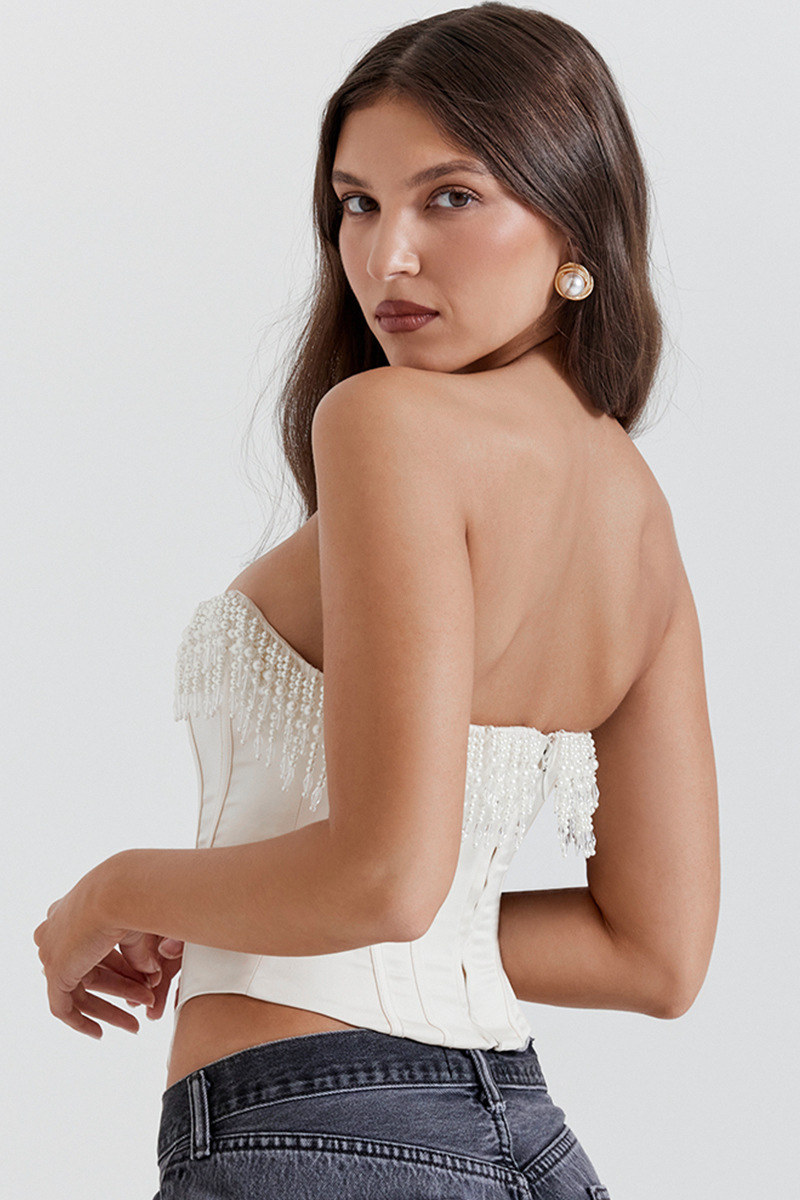 Pearls Fringed Trim Boat Neck Strapless Irregular Crop Corset-White