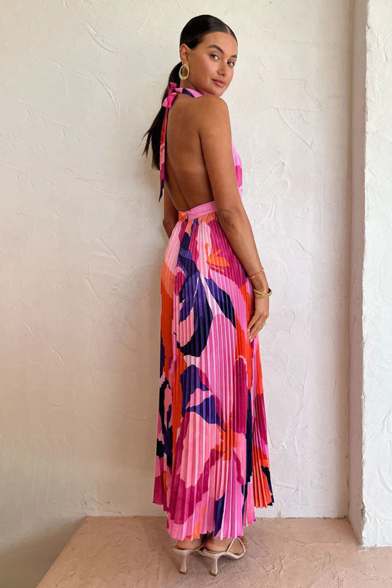 Halter Backless Floral Print Pleated Sleeveless Maxi Dresses