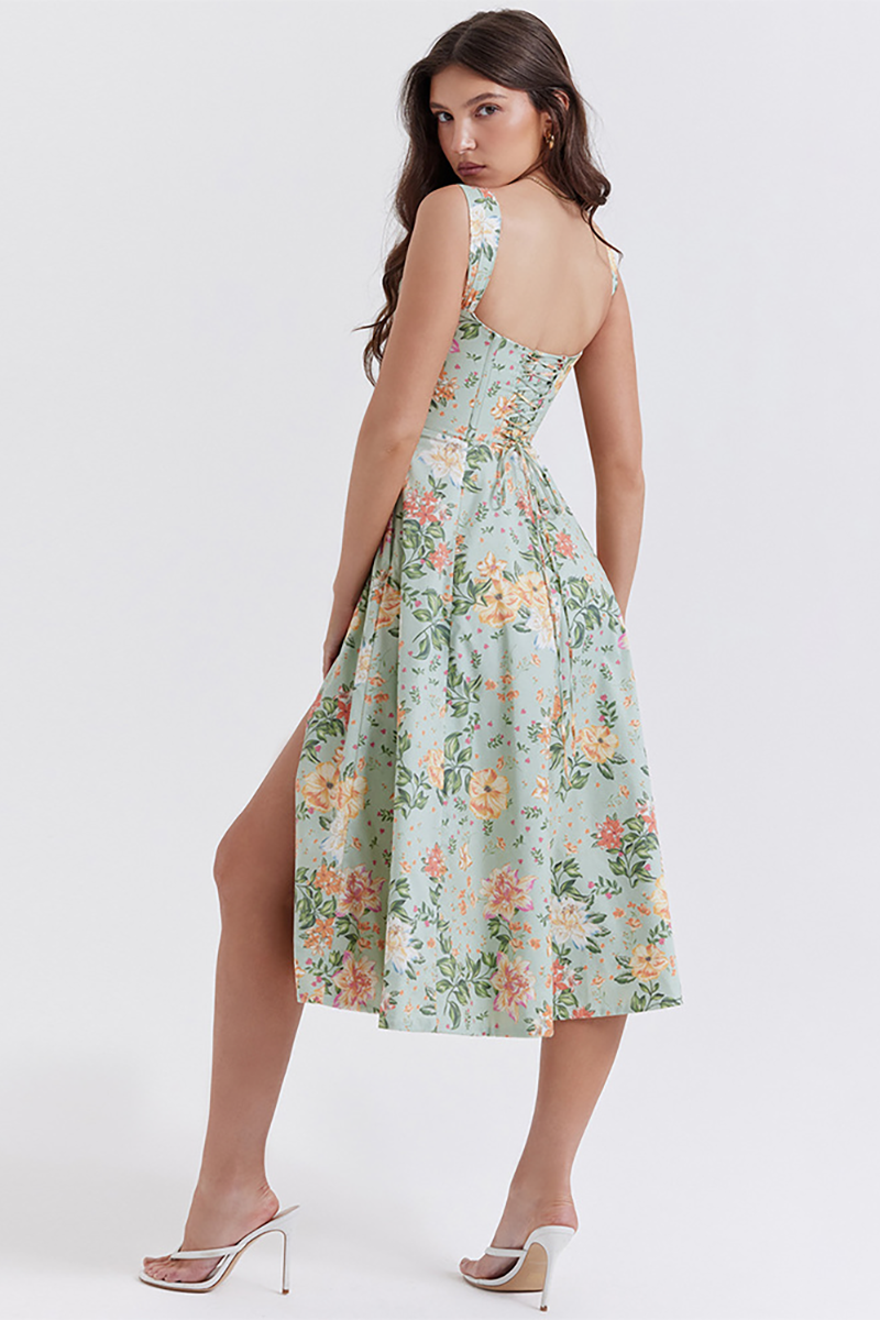 Floral Print Wide Strap Corset A-Line Slit Midi Dresses-White