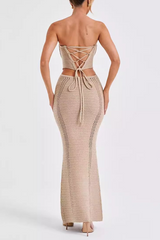 Hollow Out Knit Strapless Crop Top Bodycon Maxi Skirt Matching Set-Khaki