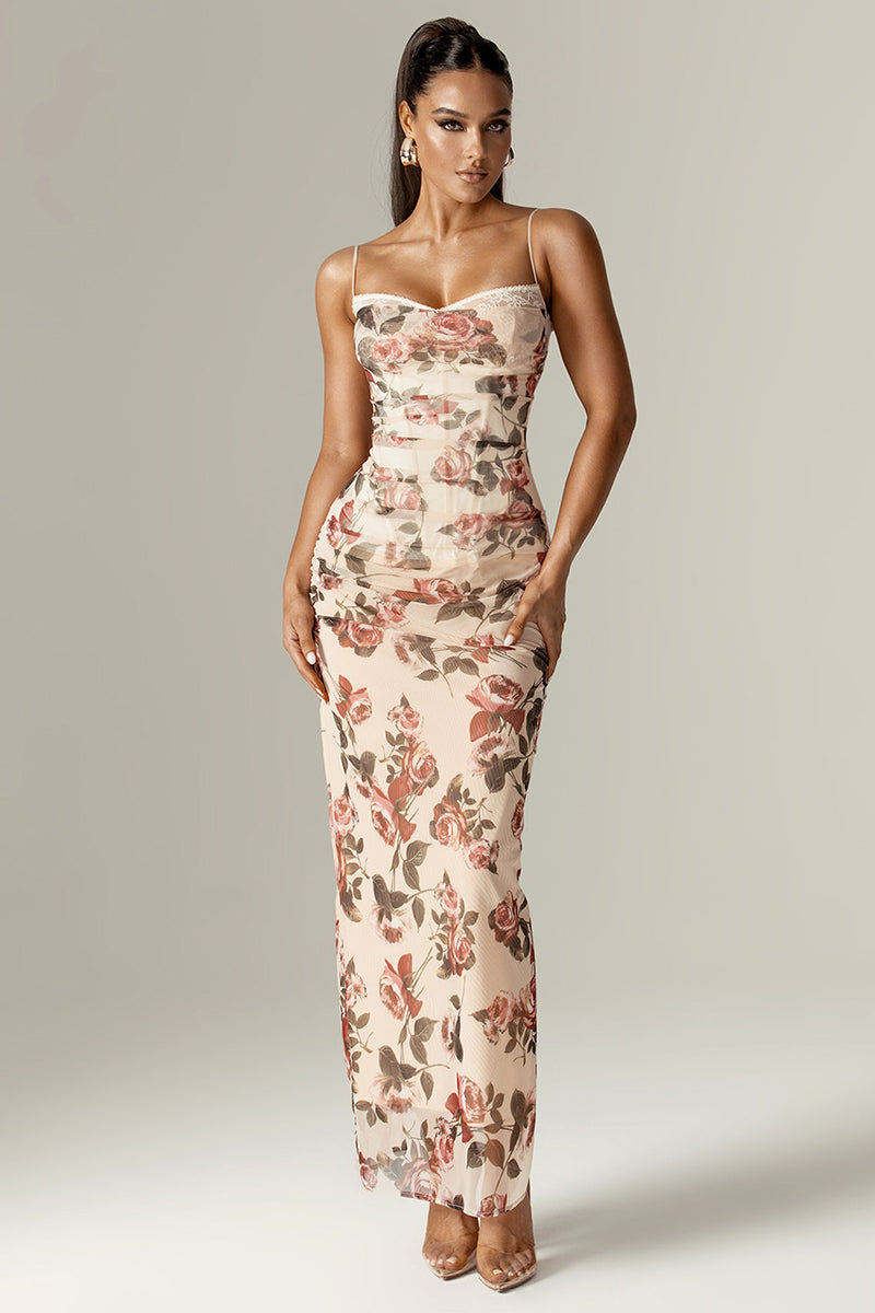 Floral Print Corset Wedding Guest Party Maxi Slip Dresses-Beige Pre Order
