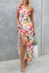 Floral Print Ruffle One Shoulder Slit Vacation Maxi Dresses-Red Pre Order