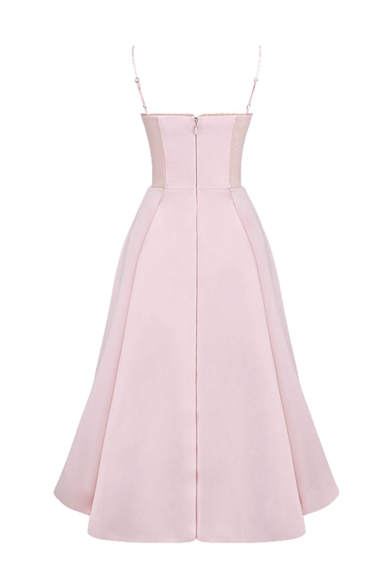 Elegant Cinch Waist Party Bridesmaid Tulle Layered Midi Slip Dresses-Pink