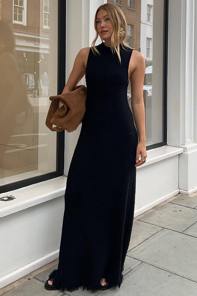 Knit Round Neck Slim Fit Fishtail Fringed Hemline Maxi Tank Dresses-White