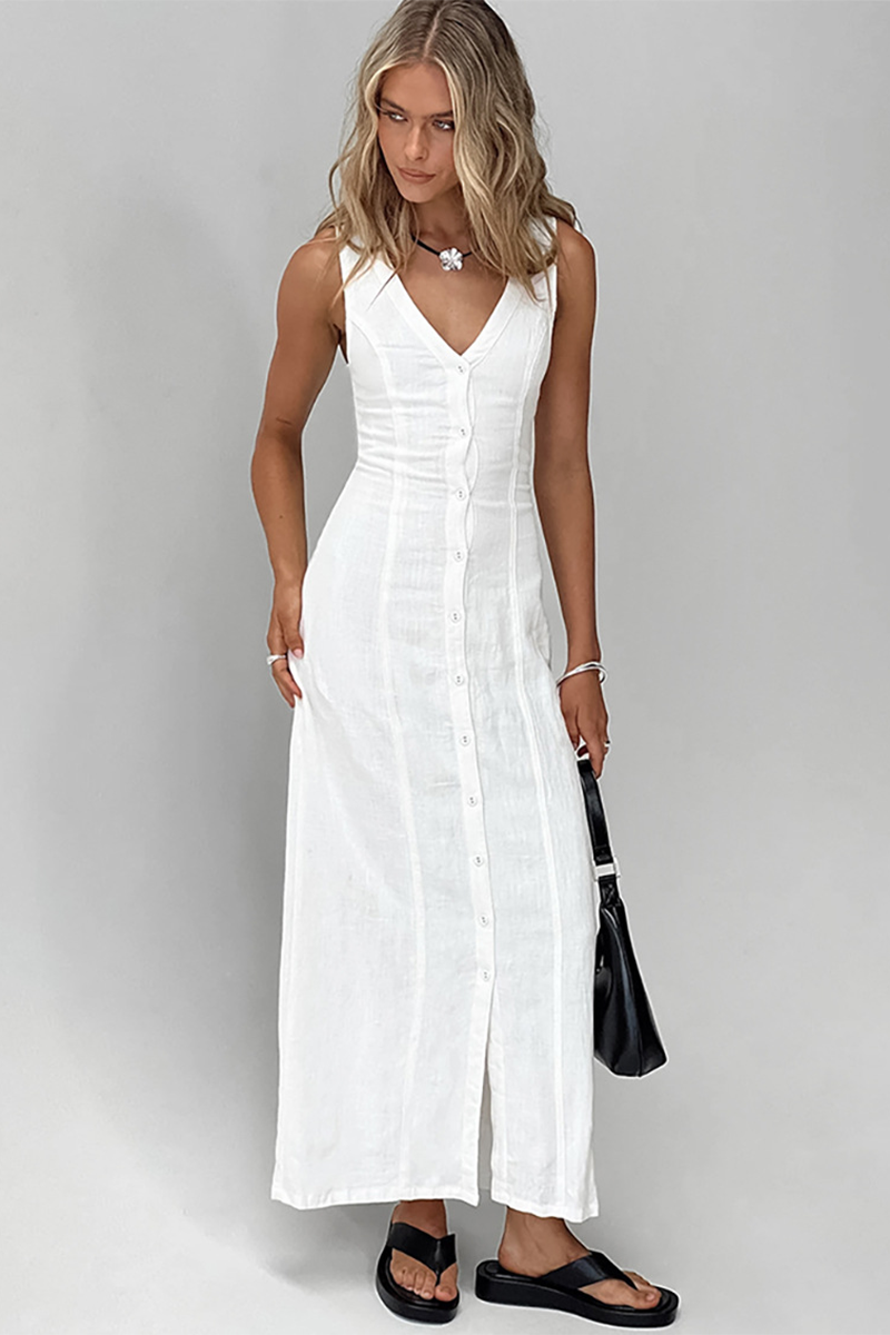 V Neck Button Up Solid Color Slim Fit Maxi Tank Dresses-White