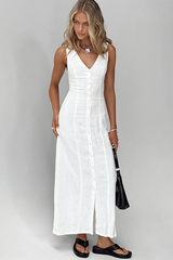 V Neck Button Up Solid Color Slim Fit Maxi Tank Dresses-White
