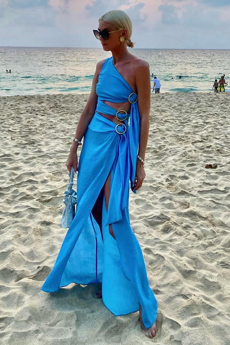 Sloping Shoulder Cutout High Slit Sleeveless Flowy Maxi Dresses-Blue