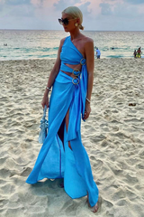 Sloping Shoulder Cutout High Slit Sleeveless Flowy Maxi Dresses-Blue