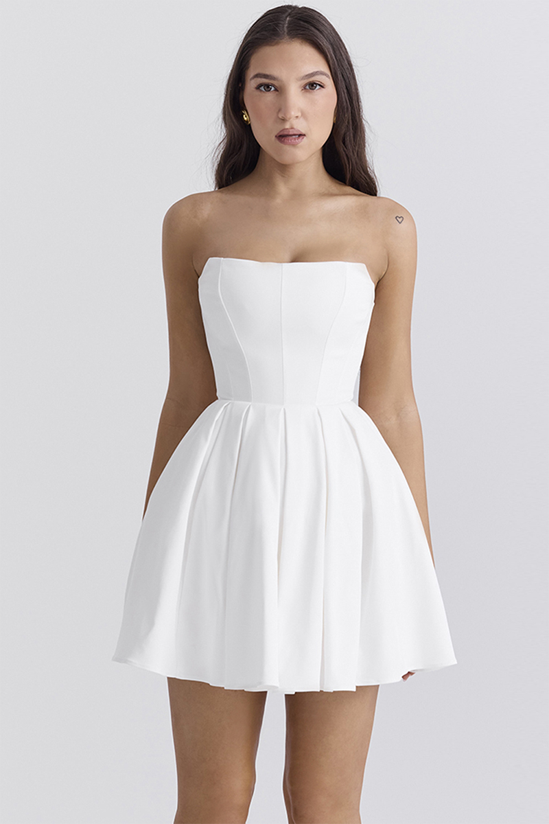Boat Neck Corset A-Line Mini Tube Dresses-White
