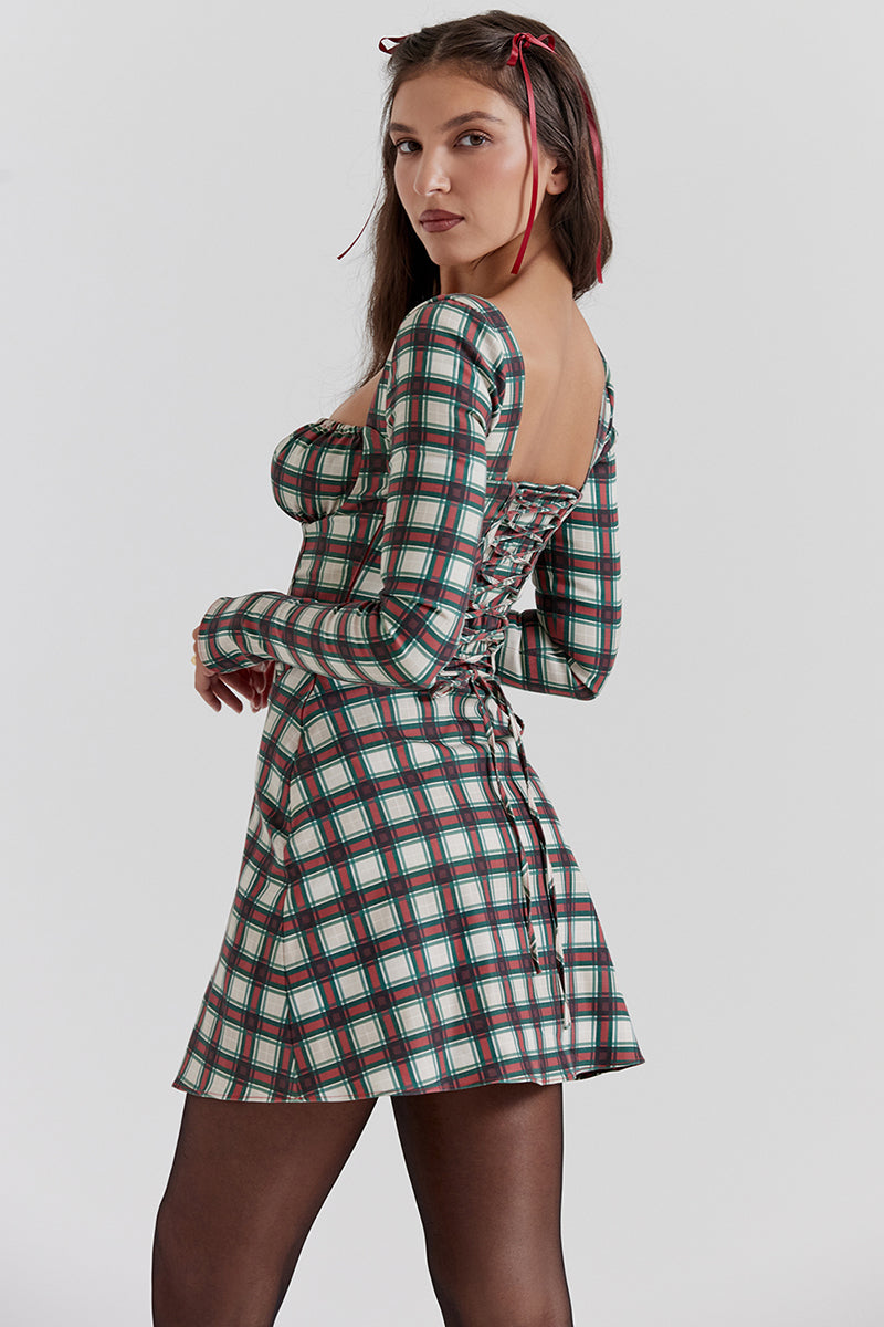 Long Sleeve Square Neck Lace Up Plaid Print Mini Dresses-Red