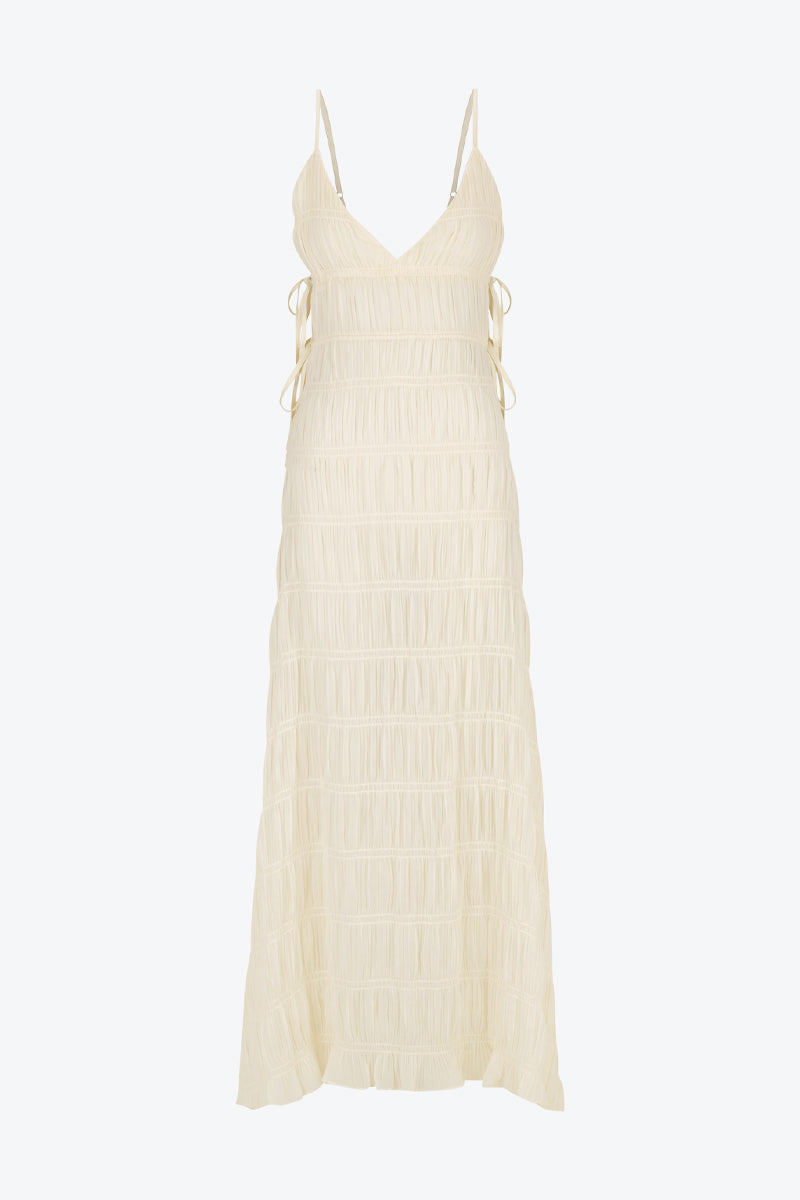 Deep V Neck Tiered Ruched Flowy Maxi Slip Dresses-Beige Pre Order
