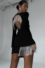 Square Neck Flared Sleeve Rhinestone Fringed Backless Slim Fit Mini Dresses-Black