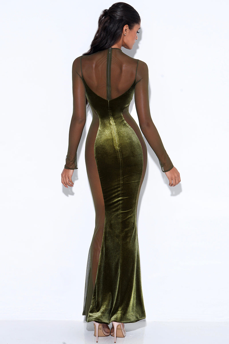 Velvet Mesh Patchwork Long Sleeve Gown Maxi Dresses
