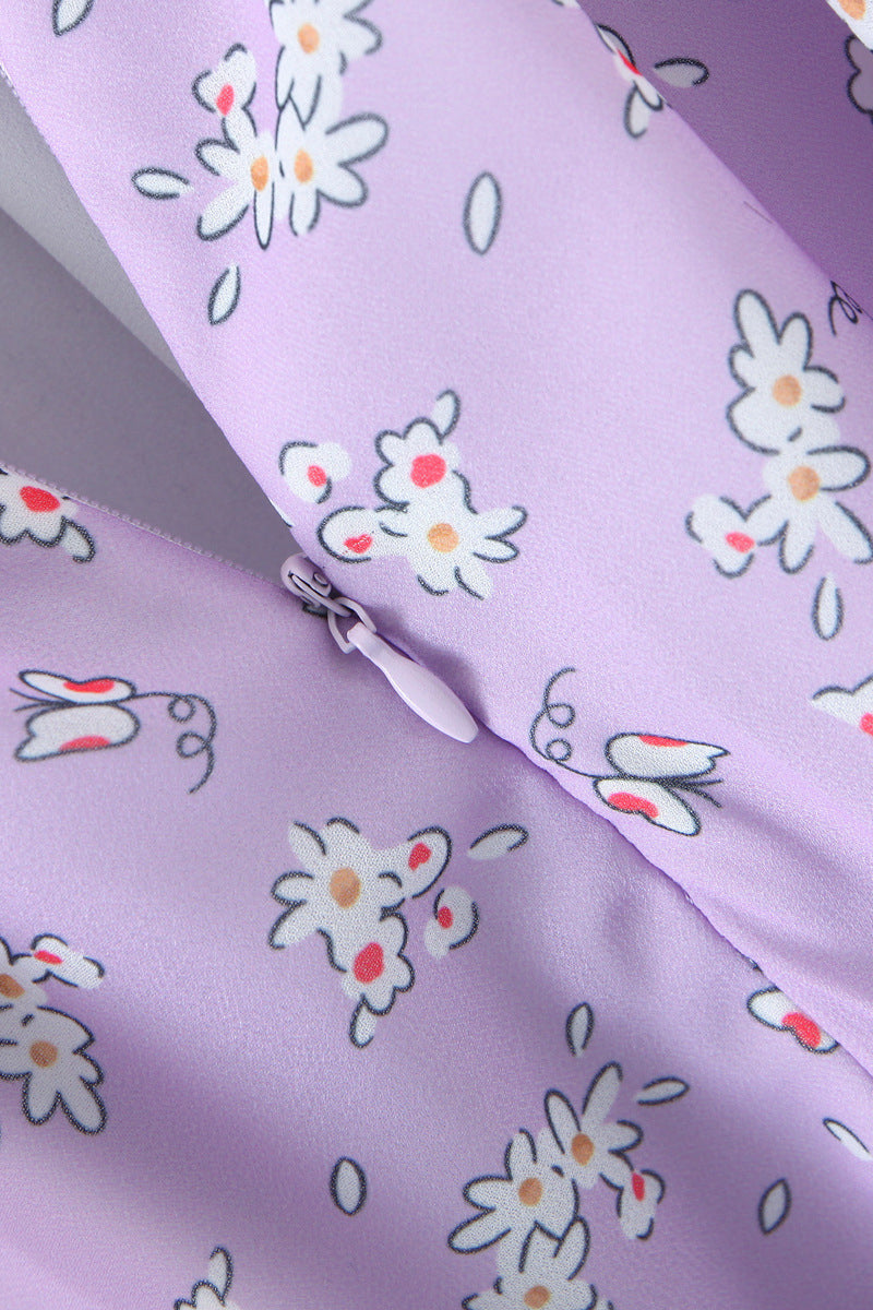 Floral Print Button Ruffle Vacation Sleeveless A-Line Mini Dresses-Purple