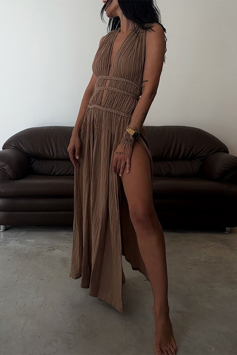 Braided Cinch Waist High Slit Sleeveless Maxi Dresses-Beige